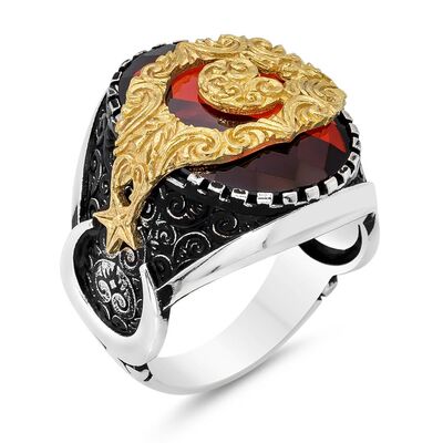 925 Sterling Silver Red Stone Crescent and Star Special Design Mens Ring - 1