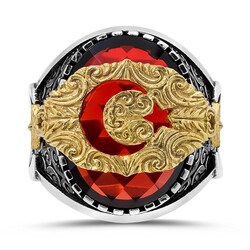 925 Sterling Silver Red Stone Crescent and Star Special Design Mens Ring - 2
