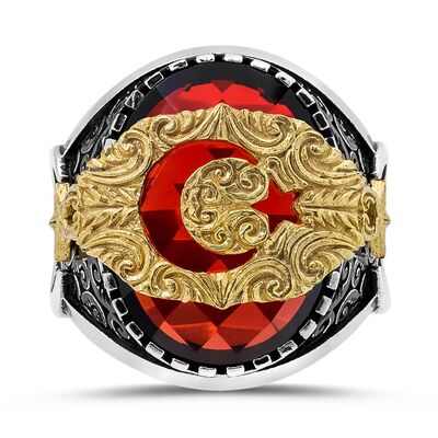 925 Sterling Silver Red Stone Crescent and Star Special Design Mens Ring - 2
