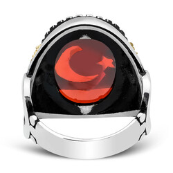 925 Sterling Silver Red Stone Crescent and Star Special Design Mens Ring - 3
