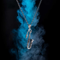 925 Sterling Silver Saxophone Pendant Necklace (Thick Chain) - 4