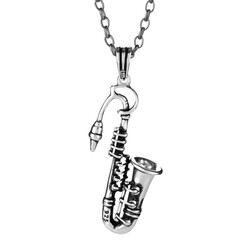 925 Sterling Silver Saxophone Pendant Necklace (Thick Chain) - 1