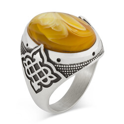 925 Sterling Silver Symmetrical Patterned Yellow Stone Sterling Silver Men's Ring - 1