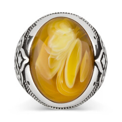 925 Sterling Silver Symmetrical Patterned Yellow Stone Sterling Silver Men's Ring - 2