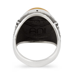 925 Sterling Silver Symmetrical Patterned Yellow Stone Sterling Silver Men's Ring - 3