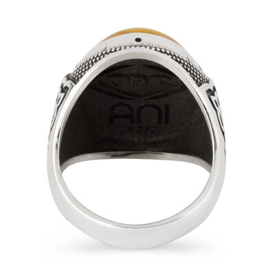 925 Sterling Silver Symmetrical Patterned Yellow Stone Sterling Silver Men's Ring - 3