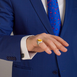 925 Sterling Silver Symmetrical Patterned Yellow Stone Sterling Silver Men's Ring - 4