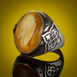 925 Sterling Silver Symmetrical Patterned Yellow Stone Sterling Silver Men's Ring - 5