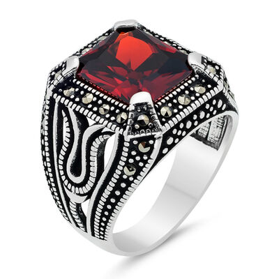 925 Sterling Silver Tulip Patterned Faceted Red Zircon Stone Men's Ring - 1