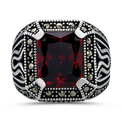 925 Sterling Silver Tulip Patterned Faceted Red Zircon Stone Men's Ring - 2