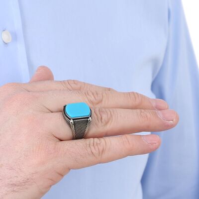 925 Sterling Silver Turquoise Turquoise Stone Mens Ring - 4