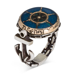 Admiral Model Rudder Anchor and Chain Motif Blue Enameled Silver Mens Ring 