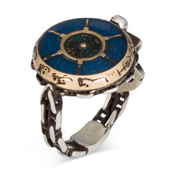 Admiral Model Rudder Anchor and Chain Motif Blue Enameled Silver Mens Ring - 2