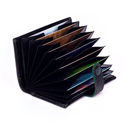 Akordiyon Model Hakiki Deri Kartlık Siyah-Yeşil Detaylı - Anı Yüzük