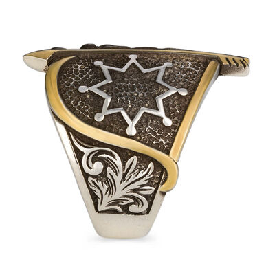 Alparslan Seljuk Falcon Pattern Starry Silver Mens Ring - 10