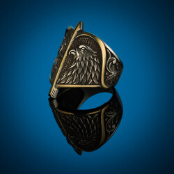 Alparslan Seljuk Falcon Pattern Starry Silver Mens Ring - 8