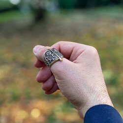 Alparslan Seljuk Falcon Pattern Starry Silver Mens Ring - 6