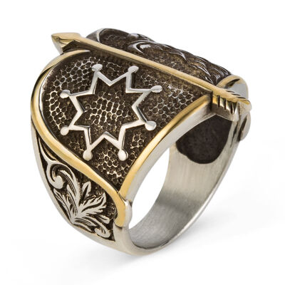 Alparslan Seljuk Falcon Pattern Starry Silver Mens Ring - 3