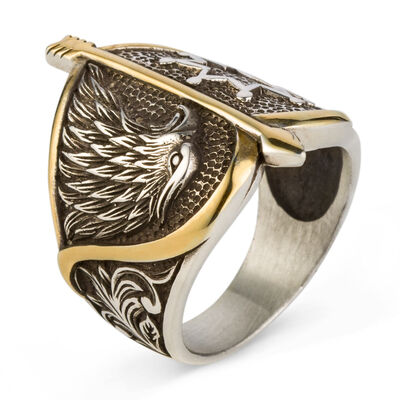 Alparslan Seljuk Falcon Pattern Starry Silver Mens Ring - 2