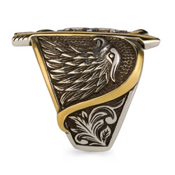 Alparslan Seljuk Falcon Pattern Starry Silver Mens Ring - 9