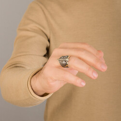 Alparslan Seljuk Falcon Pattern Starry Silver Mens Ring - 7