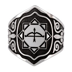 Alparslan Seljuk Octagonal Star Arrow Bow Men's Silver Zihgir Ring - 3