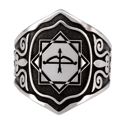 Alparslan Seljuk Octagonal Star Arrow Bow Men's Silver Zihgir Ring - 3