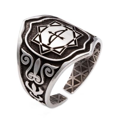 Alparslan Seljuk Octagonal Star Arrow Bow Men's Silver Zihgir Ring - 2