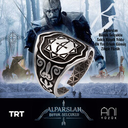 Alparslan Seljuk Octagonal Star Arrow Bow Men's Silver Zihgir Ring - Anı Yüzük