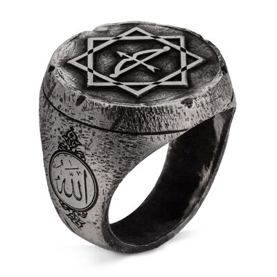 Alparslan Seljuk Octagonal Star Arrow Bow Tumbled Silver Men's Ring - 2