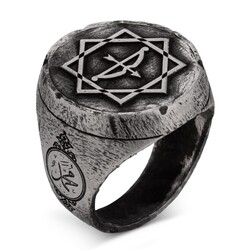 Alparslan Seljuk Octagonal Star Arrow Bow Tumbled Silver Men's Ring - 3