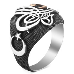 Alperen Silver Ring With Moon Star Monogram Vav - 3