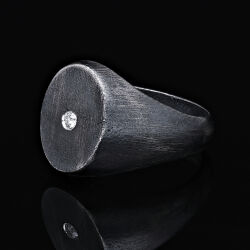 Anı Diamond Sade Minimalist Oval Tasarım 0.05 Karat Pırlantalı Eskitme Gümüş Erkek Yüzük - 4