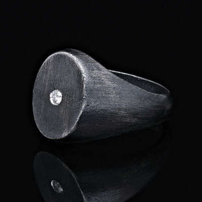 Anı Diamond Sade Minimalist Oval Tasarım 0.05 Karat Pırlantalı Eskitme Gümüş Erkek Yüzük - 4