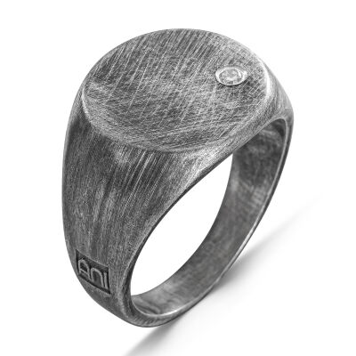 Anı Diamond Sade Minimalist Yuvarlak Tasarım 0.05 Karat Pırlantalı Eskitme Gümüş Erkek Yüzük - 3