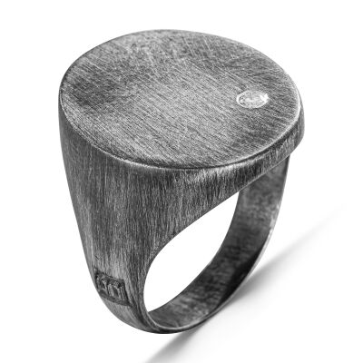 Anı Diamond Sade Oval Tasarım 0.05 Karat Pırlantalı Eskitme Gümüş Erkek Yüzük - 3