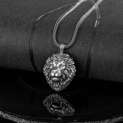 Aslan Başı Motifli 925 Ayar Gümüş Kabartma Erkek Kolye - Thumbnail