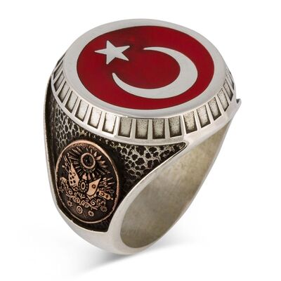 Ay Yıldız ve Osmanlı Armalı Türk Bayrağı Gümüş Erkek Yüzük Kırmızı - 2
