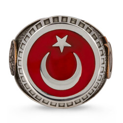 Ay Yıldız ve Osmanlı Armalı Türk Bayrağı Gümüş Erkek Yüzük Kırmızı - 3