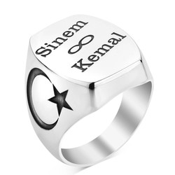 Ay Yıldız ve Tuğralı Kişiye Özel İsim Yazılı Yüzük - Anı Yüzük