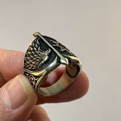 B Series Alparslan Great Seljuk Hawk Pattern Star Mens Ring - 9