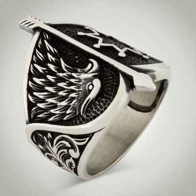 B Series Alparslan Great Seljuk Hawk Pattern Star Mens Ring - 1