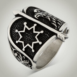 B Series Alparslan Great Seljuk Hawk Pattern Star Mens Ring - 2