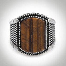 B Series Dot Patterned Mens Ring Brown Tiger Eye Stone - 2