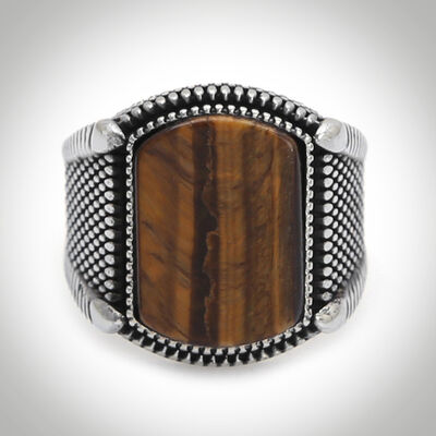 B Series Dot Patterned Mens Ring Brown Tiger Eye Stone - 2