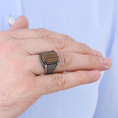 B Series Dot Patterned Mens Ring Brown Tiger Eye Stone - 4