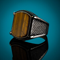 B Series Dot Patterned Mens Ring Brown Tiger Eye Stone - 5