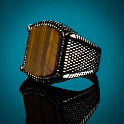 B Series Dot Patterned Mens Ring Brown Tiger Eye Stone - 5