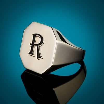 B Series Mens Simple Design Octagonal with Personalized Letters Ring - 6