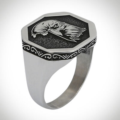 B Series Octagonal Eagle Motif Men's Ring Linear Patterned Case - 1